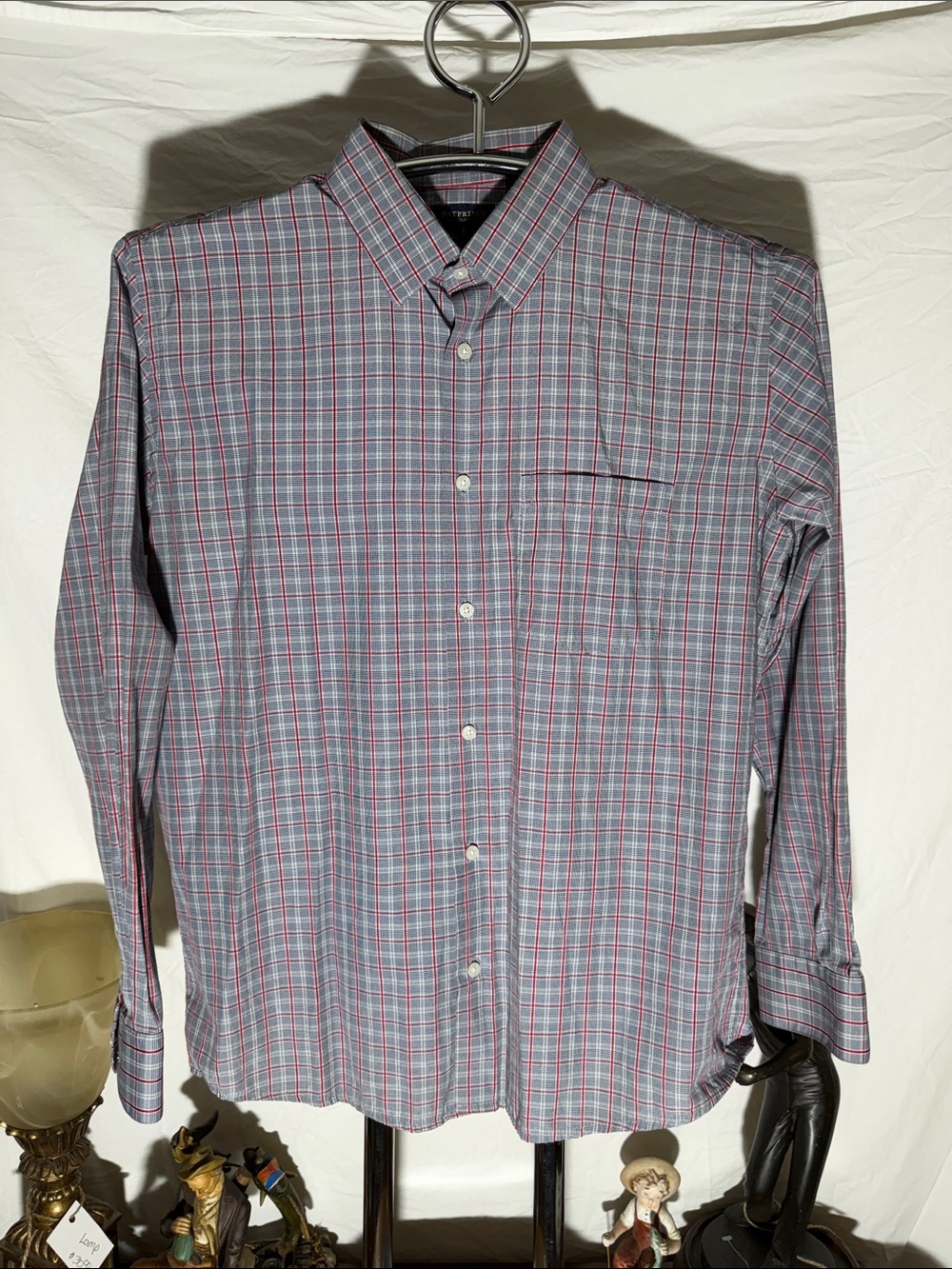 Men's Plaid Button-Down Shirt - Gray with Red & Blue Checks